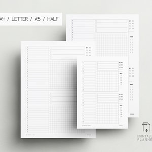 May include: Printable planner with three pages, each with a daily, weekly, and monthly calendar section. The pages are divided into sections with lines and grids for writing and organising.