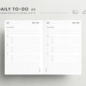 May include: A printable daily to-do list planner in A6 size. The planner has sections for date, daily to-do, don't forget, and a grid for notes. The planner is designed for use in a binder or traveler's notebook.