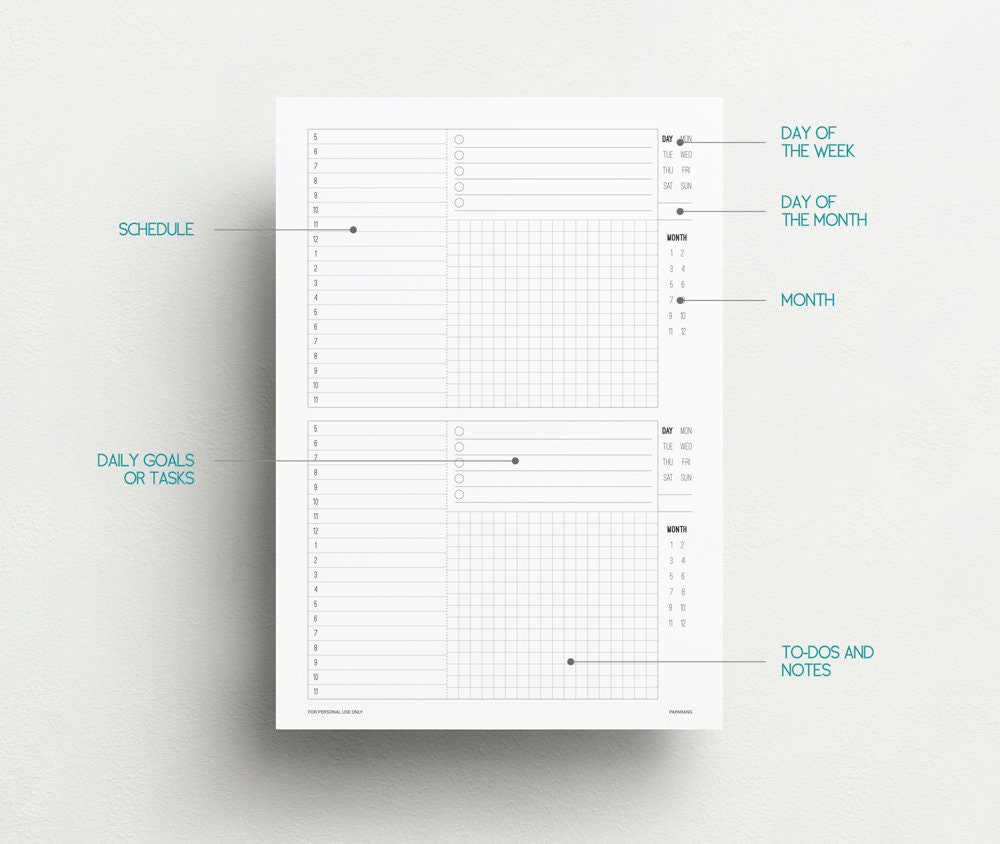 2 Days on 1 Page A4 Letter A5 and Half Size Printable - Etsy