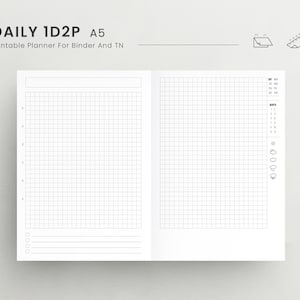 Może przedstawiać: Czarno-biały, drukowany planer dzienny w formacie A5. Planer zawiera kratkowaną sekcję na codzienne zadania i sekcję na notatki. Planer jest przeznaczony do użytku z segregatorem lub TN.
