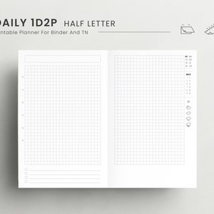 Inserção de planejador de meia carta de 1 dia em 2 páginas, páginas de diário diário, planejador de programação horária PDF para impressão em dia sem data, 1D2P