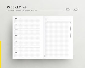 Weekly A5 Planner Insert, Undated week, Weekly Journal Pages, Agenda Weekly Planner, Weekly Daily Planner Template, Note Pages, 1W2P