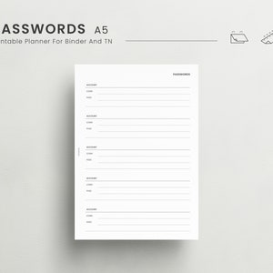 Può includere: Una pagina di pianificatore stampabile bianca con la parola "PASSWORDS" in alto. La pagina è formattata con righe per le voci di account, login e password. Il testo "Printable Planner For Binder And TN" è anche visibile.