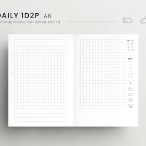 Może przedstawiać: Czarno-biały, drukowany planer dzienny z siatką i kalendarzem miesięcznym. Planer jest oznaczony jako "DAILY 1D2P A6" i "Printable Planner For Binder And TN".