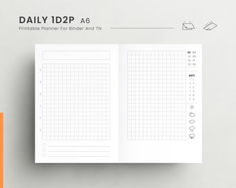 Könnte beinhalten: Ein schwarz-weißer druckbarer Tagesplaner mit einem Rasterlayout und einem Monatskalender. Der Planer ist mit "DAILY 1D2P A6" und "Printable Planner For Binder And TN" beschriftet.