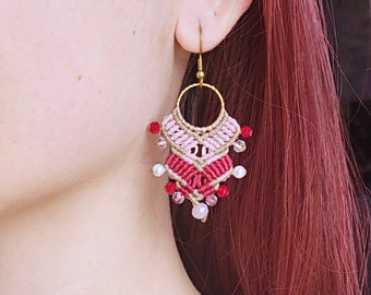 Micro Macrame Pink Hoop Earrings, Boho Round Woven Pearl Beaded Jewelry, Dangle Vibrant Bohemian Earrings