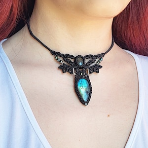Double Labradorite Macrame Choker, Statement Elegant Gemstone Necklace in Black with Hematite Beads and Leaves, Birthstone Necklace for her
