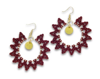 Dark Red Macrame Flower Hoops, Statement Micro Macrame Earrings in Red and Gold Brass, Gift for her