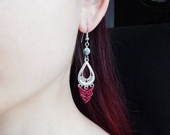 Silver Macrame Earrings with Rose Quartz or Turquoise, Gemstone Earrings, Boho Chic Woman Gift