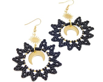 Celestial Macrame Flower Hoops with Moons and Suns / Black Macrame Hoops with Brass charms
