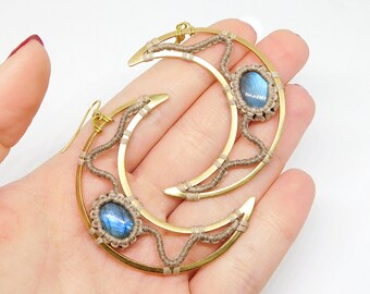 Statement Crescent Moon Earrings with Labradorites, Micro macrame Gold Brass Moon Earrings