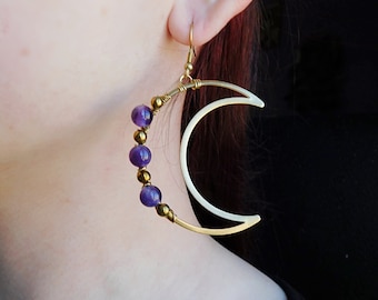 Sagittarius Moon Earrings with Amethyst and Hematite, Beaded Brass Celestial Earrings, Sagittarius Gift