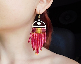 Macrame Beaded Earrings, Brass Sun Beaded Fringe Earrings, Autumn gift for her