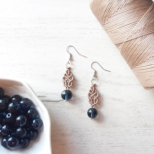 Minimal Macrame Beaded Earrings, Silver and Beige Dainty Earrings gift for her