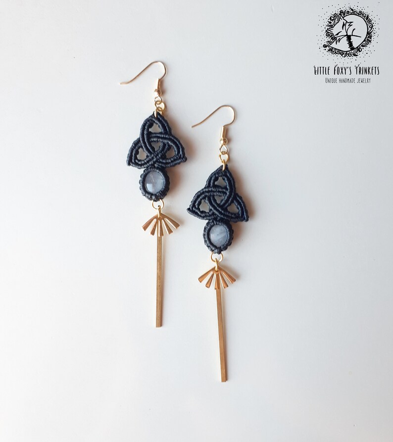 Celtic Knot Macrame Earrings with Moonstones Triquetra Symbol Earrings with Gemstone and Gold details