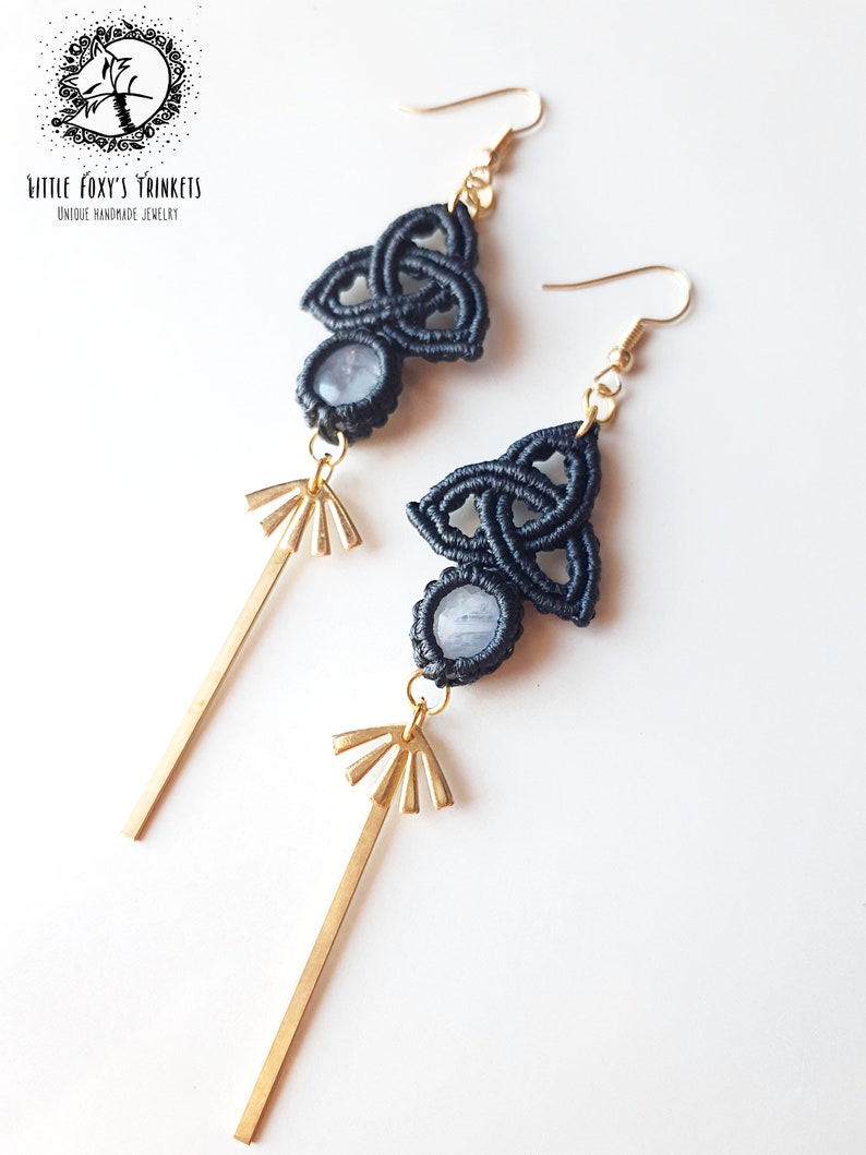 Celtic Knot Macrame Earrings with Moonstones  Triquetra Symbol Earrings with Gemstone and Gold details