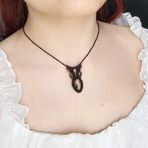 Golden Labradorite Macrame Choker in Brown, Minimal Elegant Boho Chic Gemstone Necklace in Dark Brown