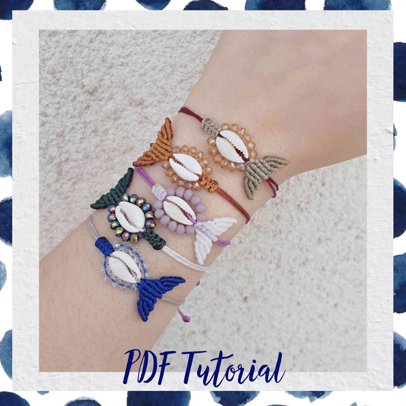 May include: A set of six colorful bracelets with a mermaid tail design. Each bracelet features a different color of string and a variety of shell beads. The bracelets are stacked on a person's wrist. The image includes the text "PDF Tutorial".