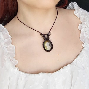 Labradorite and Hematite Dark Brown Macrame Necklace, Adjustable Long Macrame Pendant with Big Golden Crystal, Gift for her