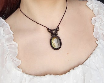 Labradorite and Hematite Dark Brown Macrame Necklace, Adjustable Long Macrame Pendant with Big Golden Crystal, Gift for her