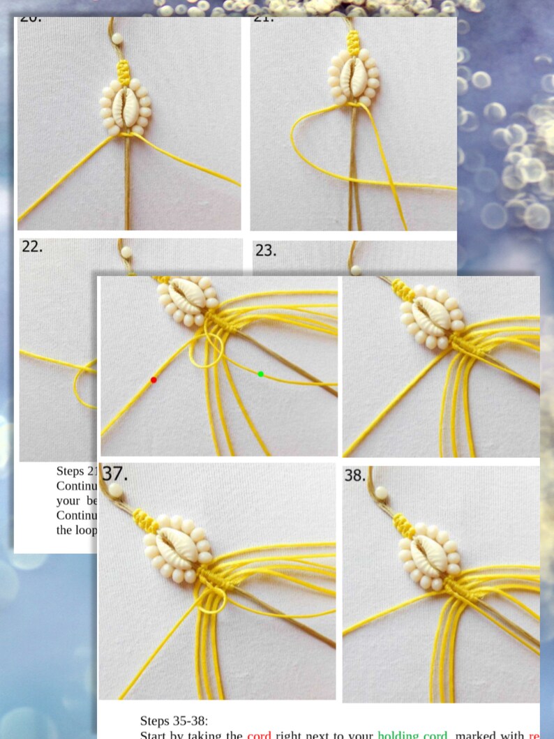 May include: A step-by-step guide on how to make a macrame bracelet with a white seashell charm. The instructions include numbered steps and show the process of knotting the yellow cord around the seashell.