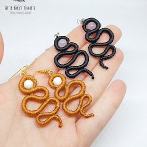 Macrame Snake Earrings with Gemstones, Beaded Small Snake Woven Earrings Customizable