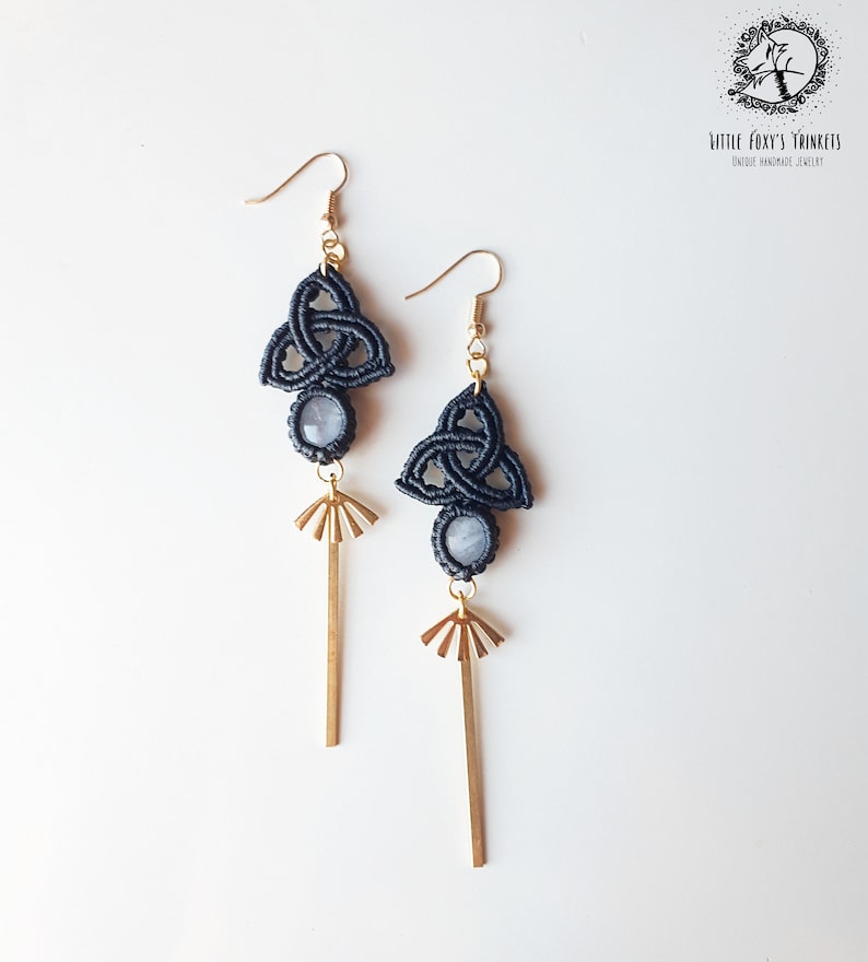 Celtic Knot Macrame Earrings with Moonstones Triquetra Symbol Earrings with Gemstone and Gold details