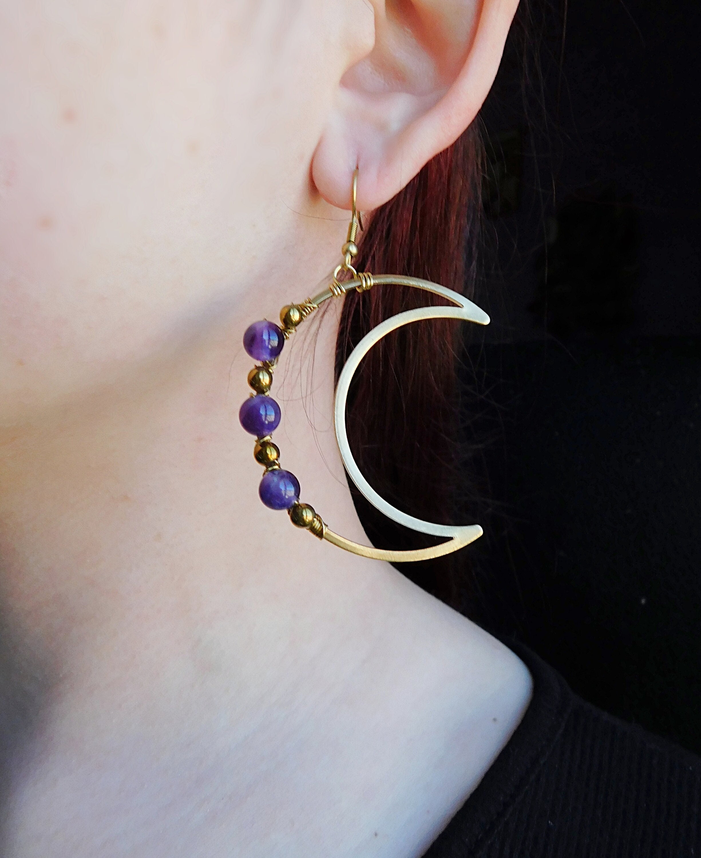 Schütze Mond Ohrringe mit Amethyst und Hämatit, Perlen Messing Himmlische Ohrringe, Schütze Geschenk