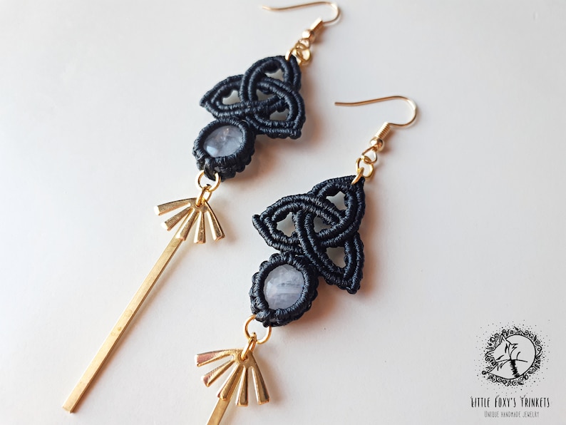Celtic Knot Macrame Earrings with Moonstones Triquetra Symbol Earrings with Gemstone and Gold details