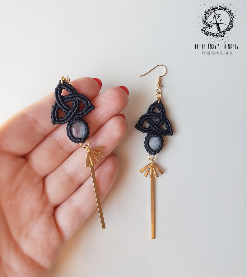 Celtic Knot Macrame Earrings with Moonstones Triquetra Symbol Earrings with Gemstone and Gold details