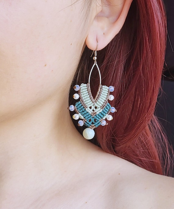 Marquise Beaded Macrame Earrings, Dangle Boho Aquamarine Pearl Earrings, Mint Green Blue Jewelry Summer Birthday Gift