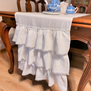 Ruffled linen table runner, shabby chic table runner, farmhouse table runner, linen table cloth, raw edges table runner, drop table runner