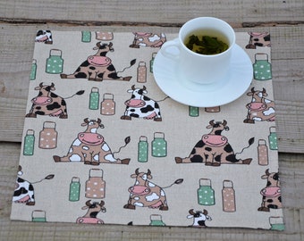 Set 4 linen cotton napkins, farmhouse table decor, linen cotton placemates, animal napkins, cow napkins, kitchen napkins, dinner napkins