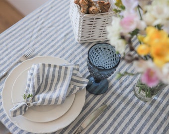 Blue white striped Linen cloth napkins. Striped table napkins. Nautical dinner napkins. Restaurant linen napkins. Flax wedding napkins