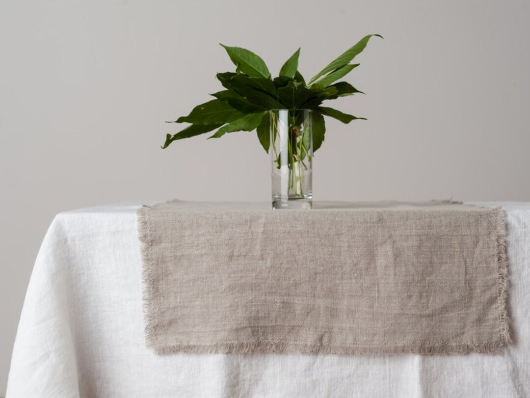 Long Raw Edges Linen Table Runner, Natural Linen Table Runner, Fringes