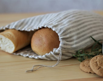 Striped Natural Linen Bread Bag, drawstring bag, kitchen bag, product bag, storage bag, bread keeper, linen gift bag, bread serving