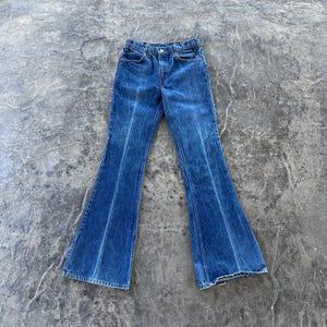 Levi’s Orange Tab 684 Bell Bottom Flare Jeans Medium Dark Wash Blue 80s Vintage 29 X 35 Small Tall