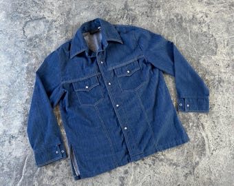 Dark Wash Denim Jean Long Sleeve Pearl Snap Shirt Blue 70s Vintage Large