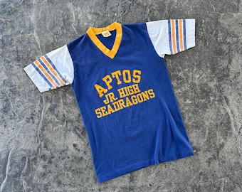Aptos Jr. High Seadragons Velva Sheen V Neck Single Stitch T Shirt Blue and White 70s 80s Vintage Small