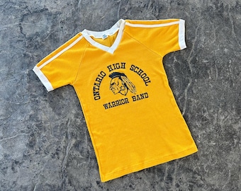 Ontario High School Warrior Band V Neck Ringer T Shirt Marigold Yellow 70s Vintage Small