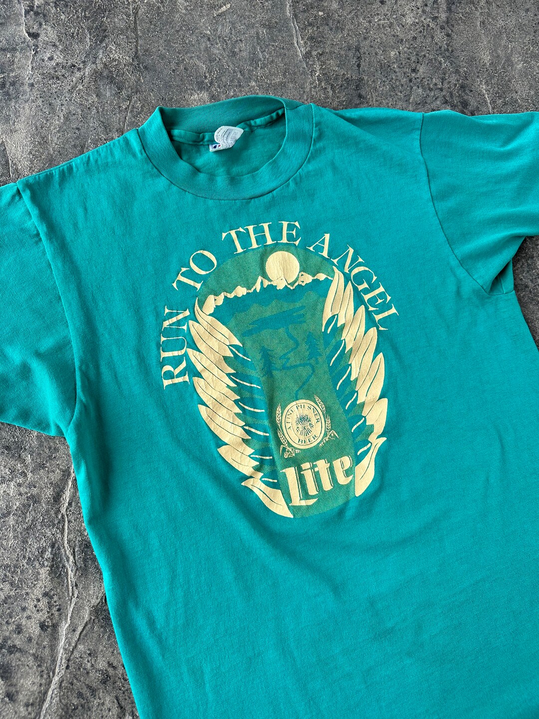 80s 90s Miller Lite Beer Running Run to the Angel T Shirt Turquoise