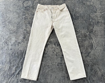 Levi’s 501 Button Fly Mid Rise Straight Leg Jeans Tan Bone with Contrast Stitching 90s Vintage 32.5 X 30