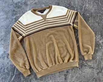 Huk A Poo Fuzzy Striped Single V Fleece Sweater Brown 70s Vintage Large