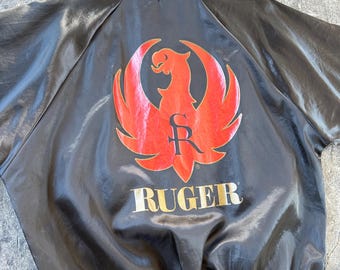 Ruger Firearms Raglan Sleeve Satin Windbreaker Bomber Jacket Black and Red 80s 90s Vintage Large