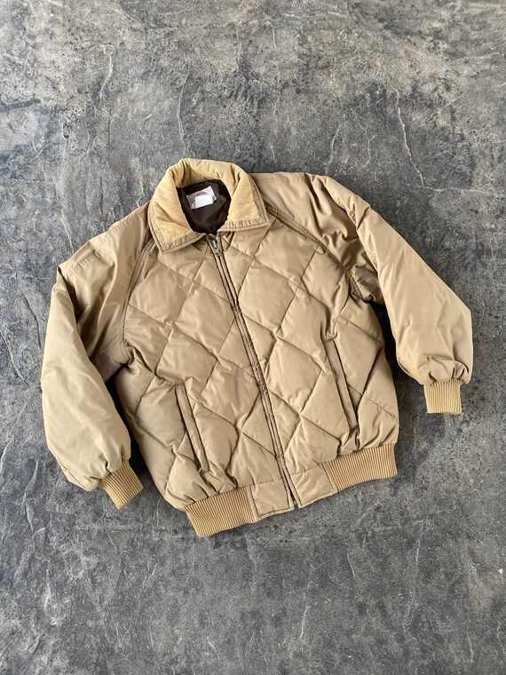 Vintage Orvis Quilted Down Raglan Sleeve Puffer Jacket with Corduroy Collar Tan Beige Medium