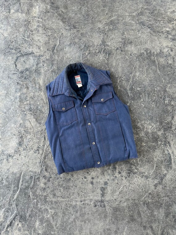 Frostline Goose Down Denim Jean Vest Blue 70s Vint