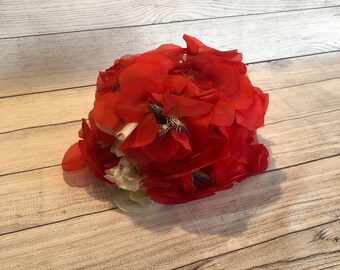 Vintage Hat covered in faux, red flowers