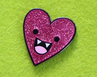 Love Bites Enamel Pin: Pink Glitter Heart Lapel Pin