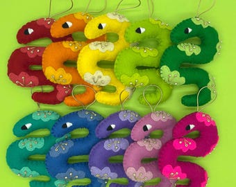 Handmade Wool Felt Snake Ornament: Embroidered Beaded Decor