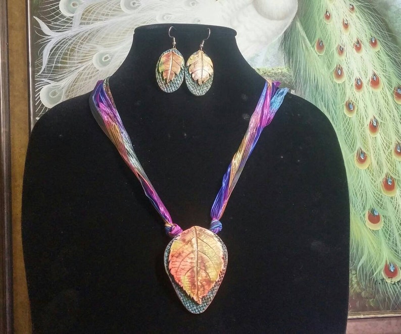 Rich Colors of Autumn Set #931; Polymer Clay On Silk Cord; Necklace and Earring Set; One of a kind